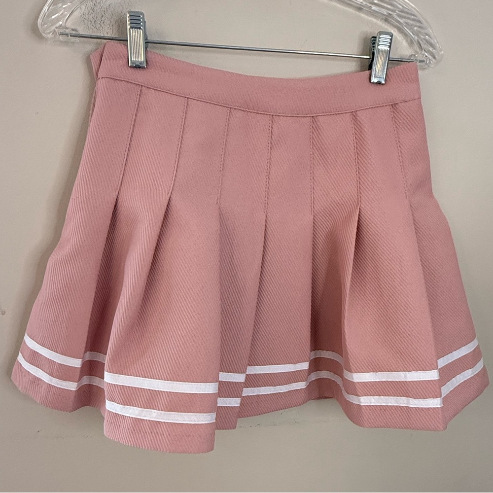 Divided H&M pink pleated & textured mini skirt white stripe trim SZ 6 - Picture 2 of 8